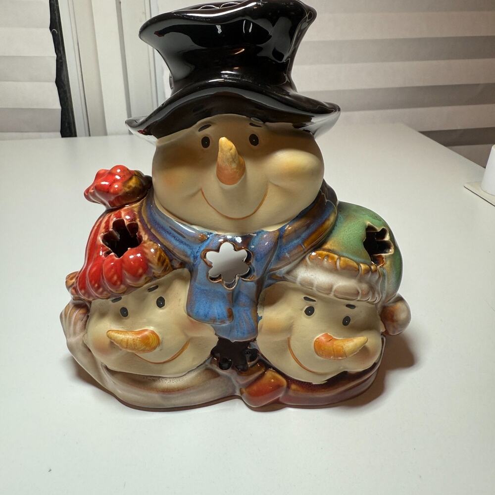 Potters Garden Ceramic‎ Snowman Family Tealight Candle Holder Christmas Holiday